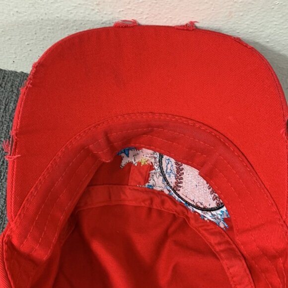 Baseball Cadet Hat Womens OS Red Distressed Embroidered Rhinestone Leader Loga - Picture 11 of 14
